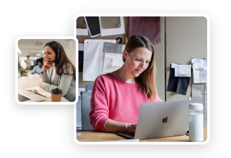 Une entrepreneure travaille sur son ordinateur portable, accompagnée par une conseillère Fint